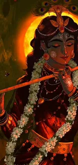 Artistic depiction of Krishna playing flute with a vibrant orange background.