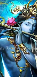 Wallpaper of Lord Krishna playing the flute, featuring a blue and gold color scheme.