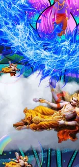 Cosmic art of Krishna with clouds and lotus in vivid colors.