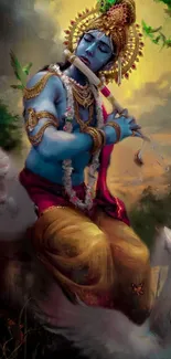 Divine artistic wallpaper of Krishna playing the flute, surrounded by a mystical scene.