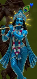 Illustration of Lord Krishna playing a flute with a serene backdrop.