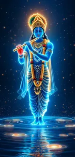 Krishna playing flute in glowing blue art.