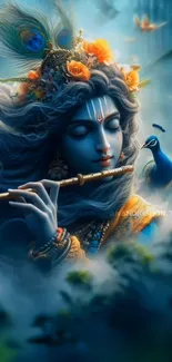 Lord Krishna playing flute, surrounded by nature and peacock.