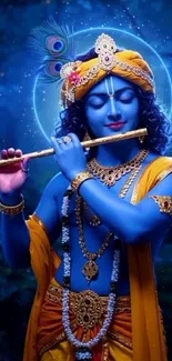 Vibrant blue Krishna playing a flute in serene setting.