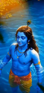 Lord Krishna in blue waters amid serene nature.