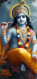 Decorative wallpaper of Lord Krishna holding a flute, surrounded by serene colors.