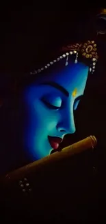 Blue shaded Krishna face on dark mobile wallpaper.