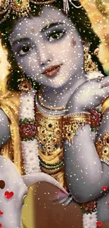 Vibrant wallpaper of Lord Krishna with golden attire and decorative elements.