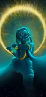 Calming blue illustration of Krishna with halo, perfect for a spiritual wallpaper.