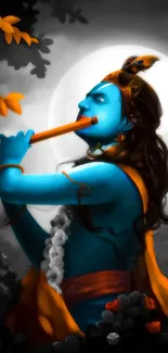 Wallpaper of Lord Krishna playing flute under moonlight.