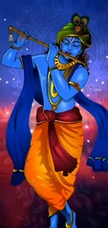 Illustration of Lord Krishna playing flute in vibrant blue and orange hues.