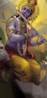 Krishna playing flute with golden hue in mobile wallpaper.