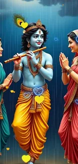 Vibrant depiction of Lord Krishna with devotees.