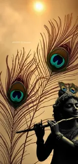 Krishna playing flute in golden hues with peacock feathers.