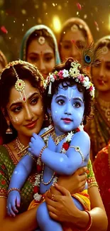 Colorful Krishna and followers in festive attire.