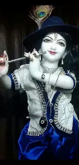 Krishna playing flute in elegant attire with vibrant colors.