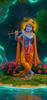 Lord Krishna standing on lotus island surrounded by vibrant flora.