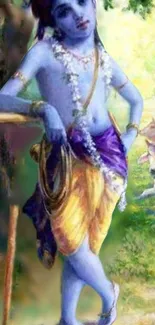 Krishna leaning against a tree in a lush, blue-themed pastoral setting.