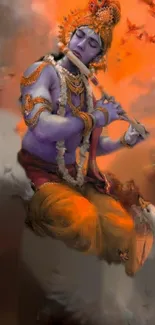 Krishna playing flute with orange and purple hues.