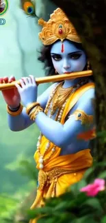 Krishna playing flute in a lush setting
