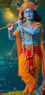 Lord Krishna playing flute near a serene lake.