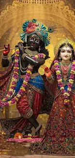 Krishna and Radha in traditional attire with golden backdrop.