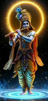 Divine Krishna playing flute with celestial aura.