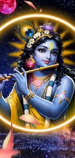 Krishna playing flute, surrounded by celestial colors.