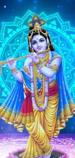 Colorful depiction of Krishna playing flute with celestial background