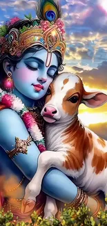 Vibrant artwork of Lord Krishna embracing a calf under a colorful sky.