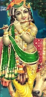 Krishna playing flute with vibrant attire