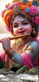 Charming baby Krishna art with vibrant colors and floral decorations.