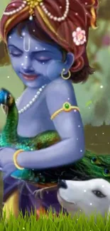 Divine Krishna holding a peacock in a serene, artistic wallpaper.