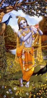 Vibrant image of Lord Krishna playing flute with peacocks and nature scenery.