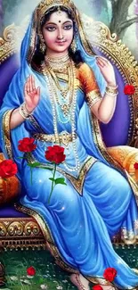 Divine lady in blue sari with roses seated on an ornate throne.