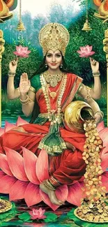 Goddess Lakshmi seated on a lotus, surrounded by water and golden features.