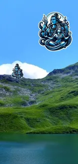 Divine figure on tranquil mountain landscape wallpaper.