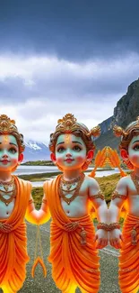 Divine statues with a mountain backdrop