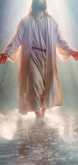 Jesus walking on water in divine light, radiating serenity.