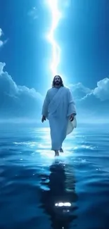 Divine figure walking on water under a bright sky.