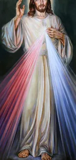 Divine religious figure with colorful light rays in spiritual artwork.