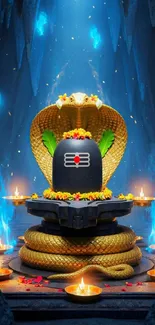 Divine lingam surrounded by golden serpent and lit lamps in a mystical cave setting.