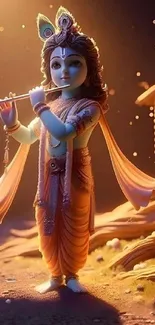 Little Krishna playing flute with golden backdrop.