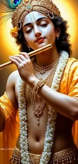 Serene Lord Krishna with flute and golden aura.