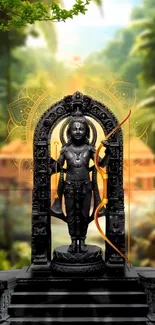 Lord Rama statue with temple backdrop and nature scenery.