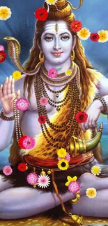 Serene depiction of Lord Shiva with blue tones and divine elements for mobile wallpaper.