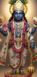 Lord Vishnu standing statue with intricate details and bright colors.