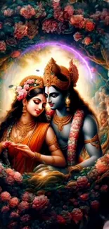 Artistic depiction of divine figures in a floral embrace with vibrant colors.