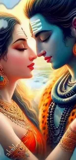 Artistic depiction of divine love in colorful Hindu-inspired style.