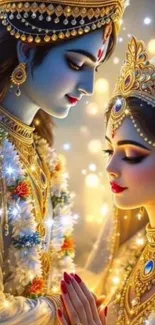 Divine deities adorned with gold and jewels in an ethereal art scene.